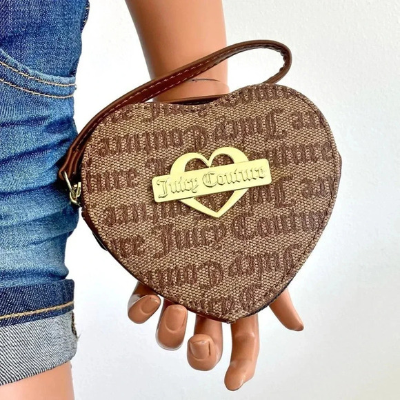 Juicy Couture Gothic Logo Print Brown Beige Heart Wristlet Bag NWT - Picture 2 of 7